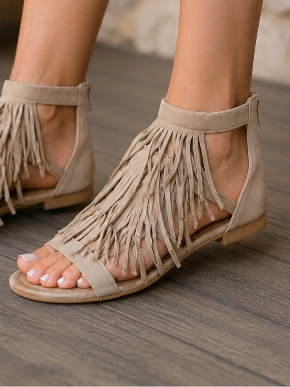 Brash Taupe Fringe Ankle-Zip Sandals Boho Gypsy